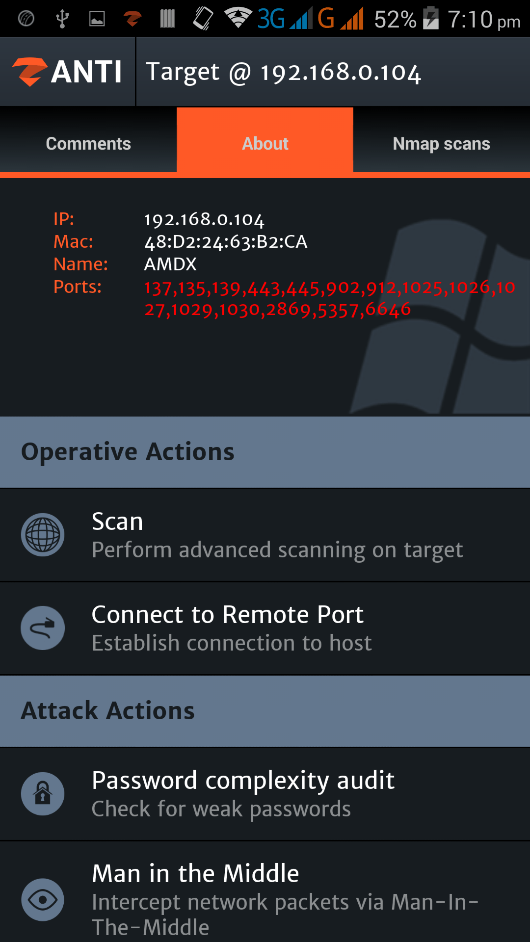 zANTI2 port scan