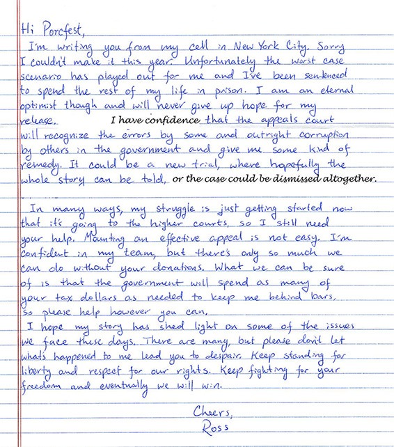 Convicted ‎SilkRoad‬ Founder, Ross Ulbricht's first letter from the Prison: 'I Will Never Give Up Hope'.